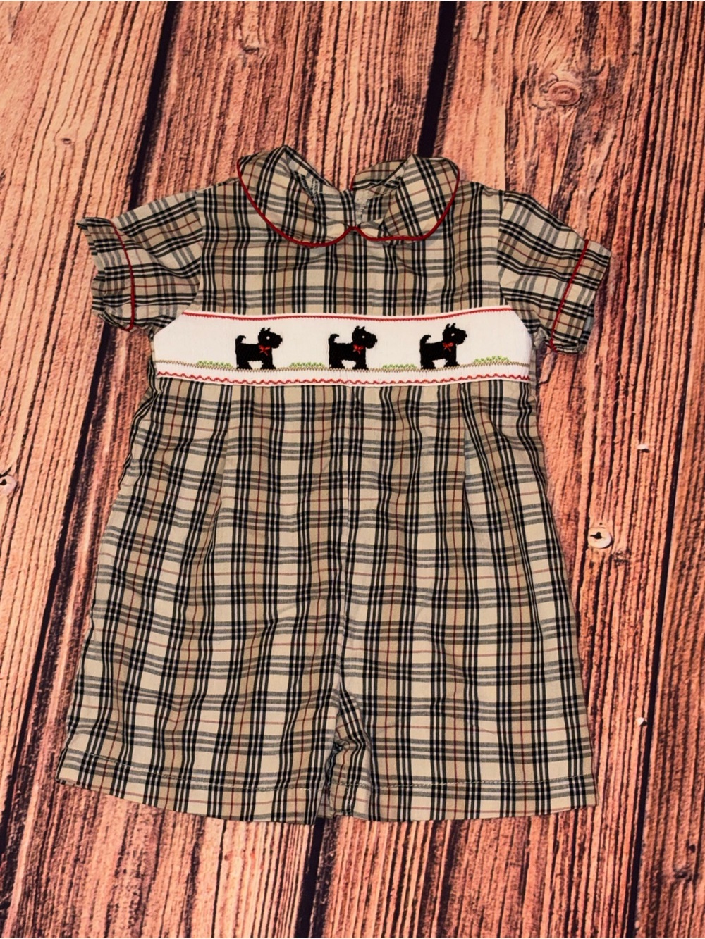 Plaid Smocked Shortall with Scotty Dog Trim - Beige & Black